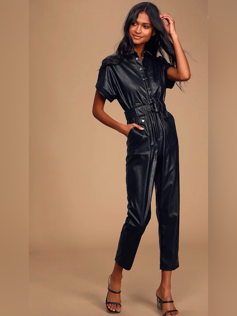 Bardot Black Vegan Leather Utility Jumpsuit